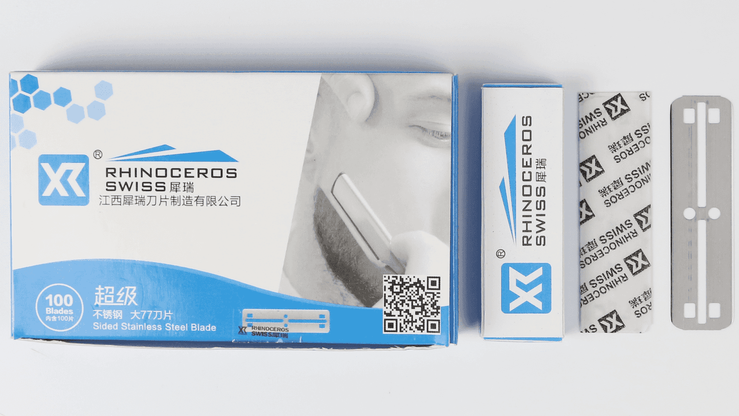 large straight razor blade in blue box