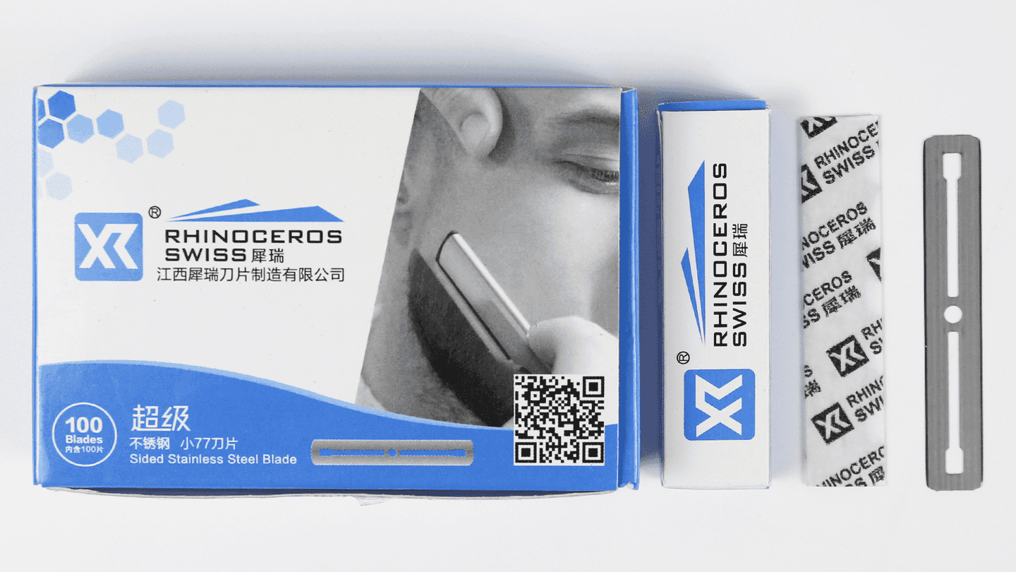 small straight razor blade in blue box